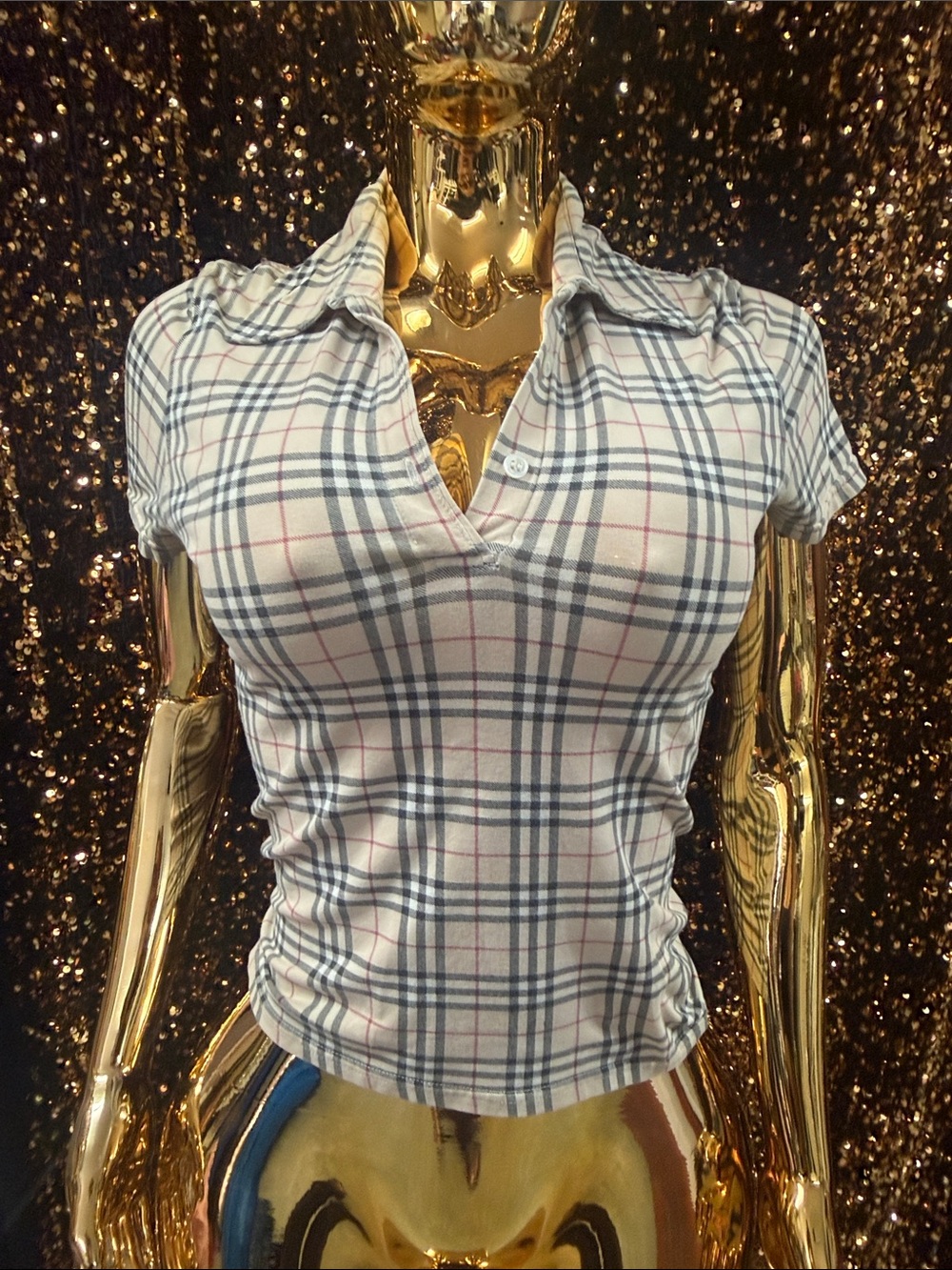 Burberry Plaid Short Sleeve Collared Crop Top - White, Tan, Blue